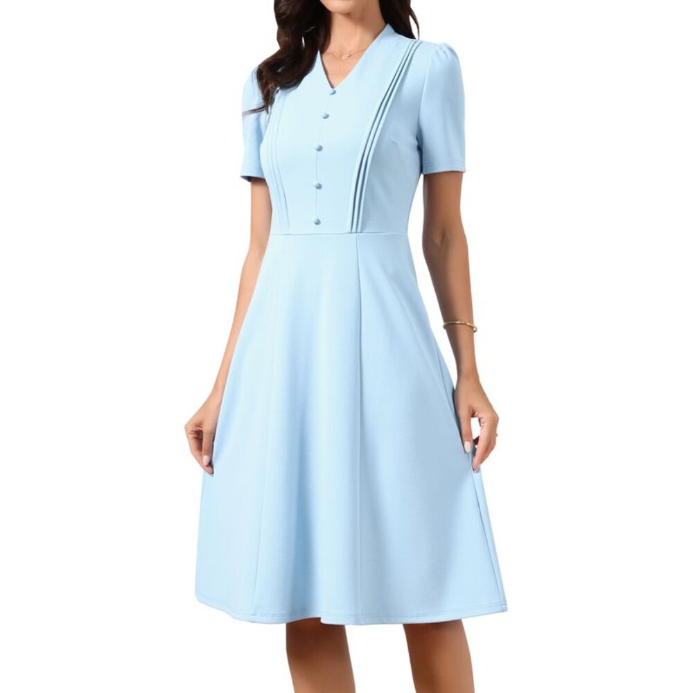 Women Midi Dress Short Sleeve V Neck A-Line Business Casual Dress Sky Blue